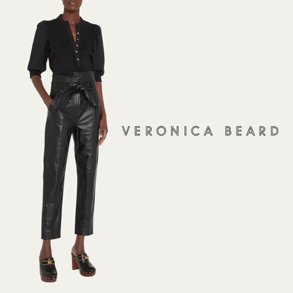 VERONICA BEARD Izera Straight-Leg Paper Bag Leather Pants Black 4 NWOT - Picture 1 of 16